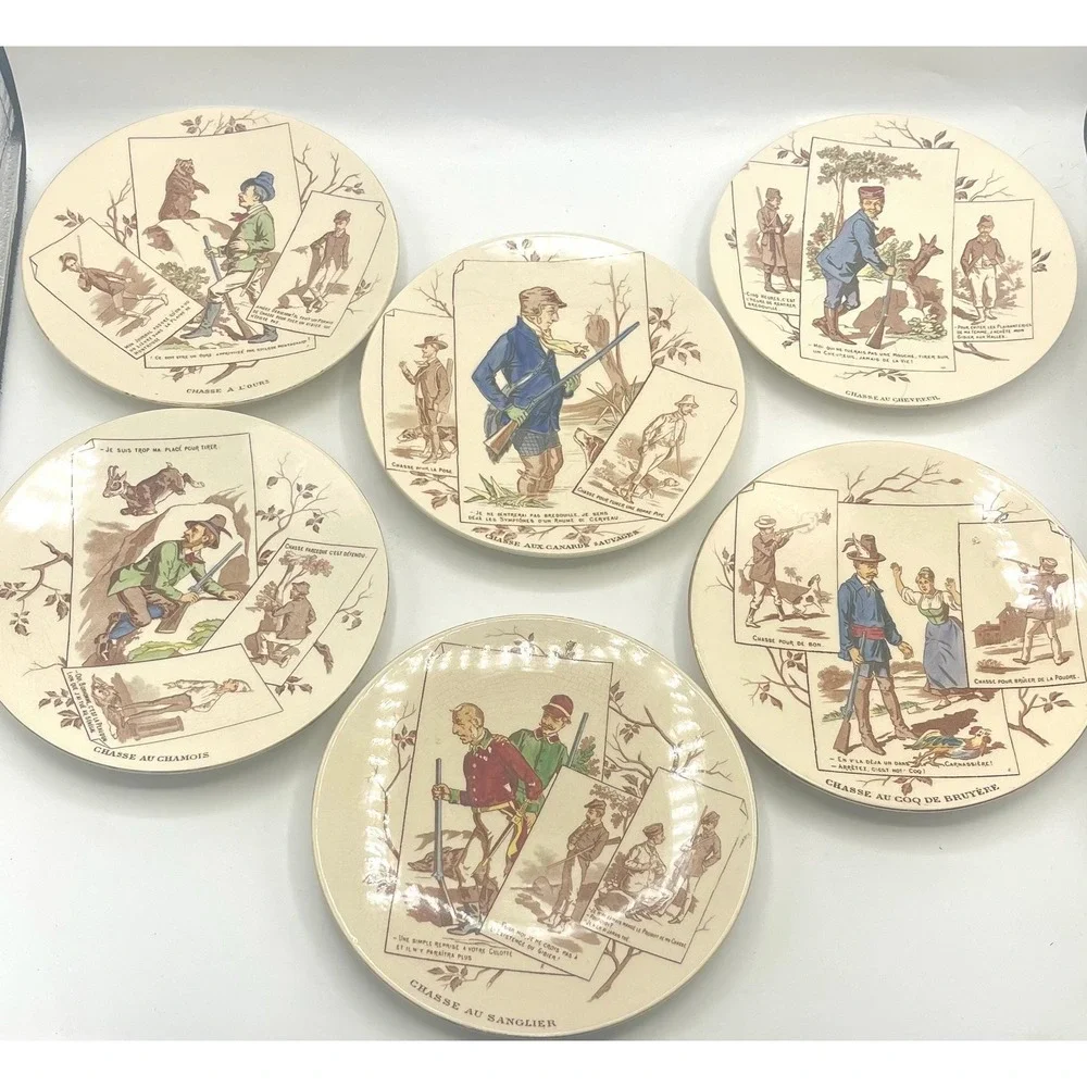 6 U&C faience plates from Sarreguemines hunt French humor funny hunting comedy